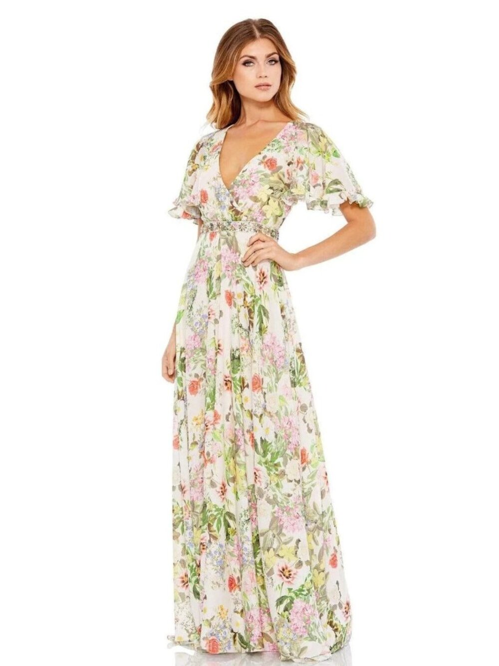 Mac Duggal Floral Print Faux Wrap Flutter Sleeve A-Line Maxi Gown 8